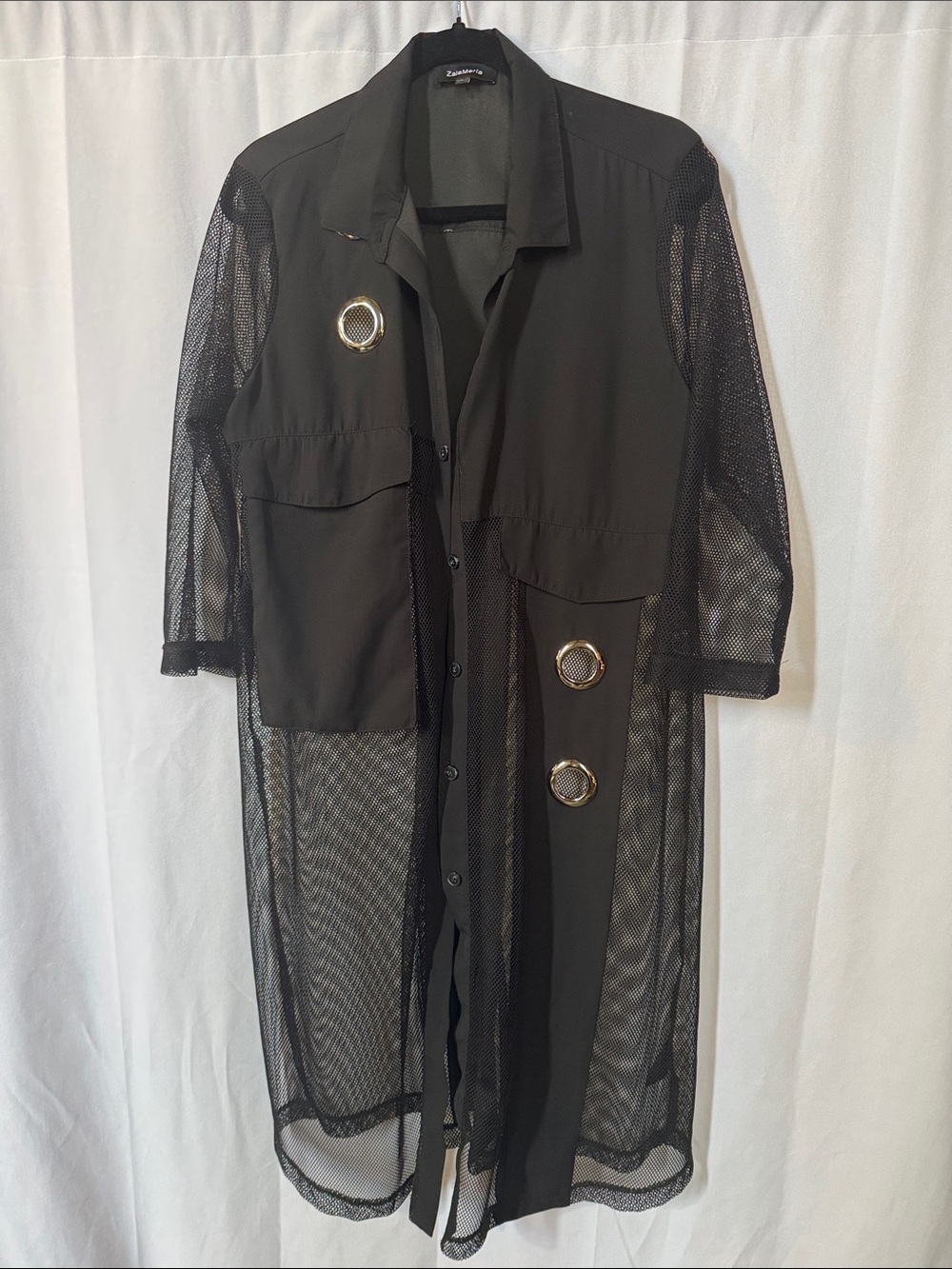 Sheer Black Longline Trench Coat with Grommet Accents